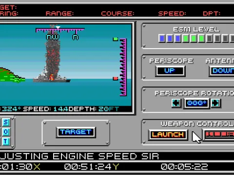 U.S. periscope view of a torpedoed ship