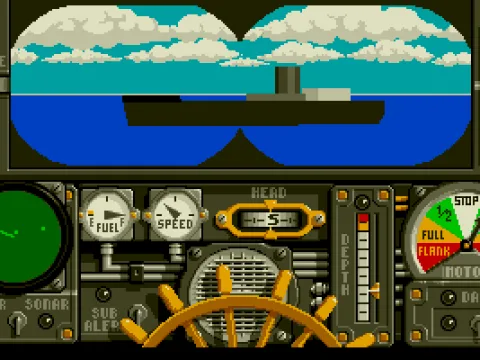 The binocular view shows an enemy transport approaching.