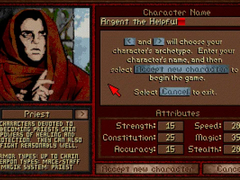 Creating a character... choose the archetype and the name. There are quite a few class selections.
