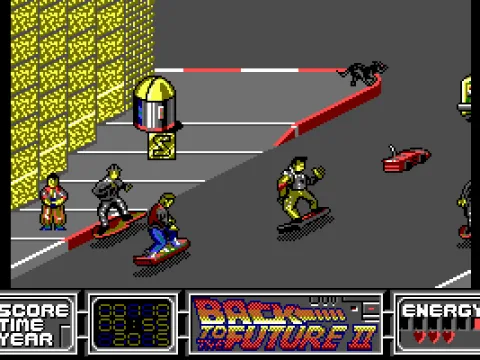 Level 1: Hoverboard chase. Dodge obstacles, hit robots and nasties. This stage has several sections, some scrolling isometrically...