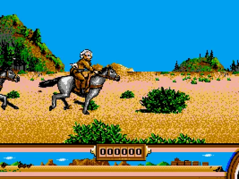 Doc Brown jumps and ducks obstacles and shoots enemies in a side-scrolling sequence...