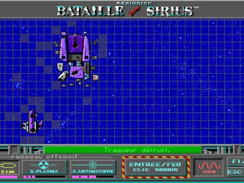 A game in progress. Two enemy ships destroyed. Along the bottom of the screen you can see the stocks of plasma and antimatter weapons have been depleted