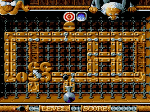 Rotate the round pieces to lead a trail from your start point (bottom middle) to the target. (top middle) (VGA)