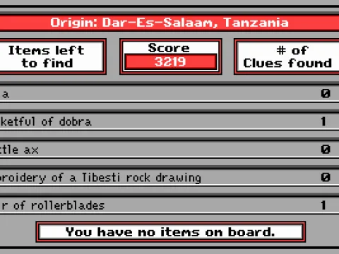 Okay, lets go through an example. The item list shows that were looking for roller blades, and a hint points us to Venice Beach. Aha!
