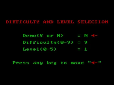 Difficulty and Level Selection screen