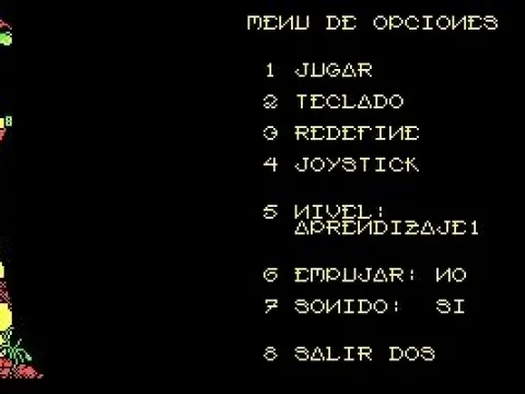 Menu screen: 1-8 = Play, Keyboard, Redefine keys, Joystick calibration, Difficulty, Push mode on/off, Sound on/off, Exit to DOS