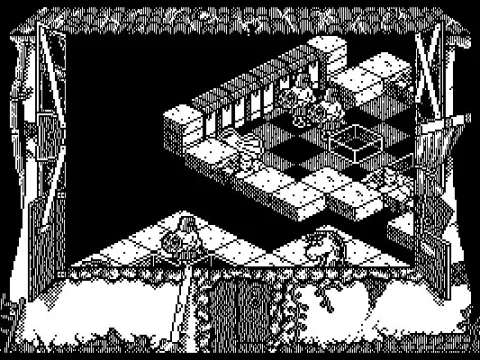 Training level start, CGA black & white in 640x200 (doubled horizontal lines, here emulated in DOSbox, just as on a normal screen)