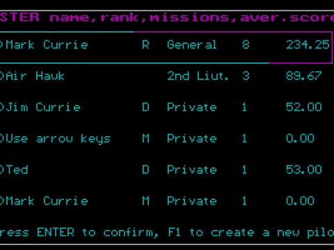 Pilot selection/creation screen