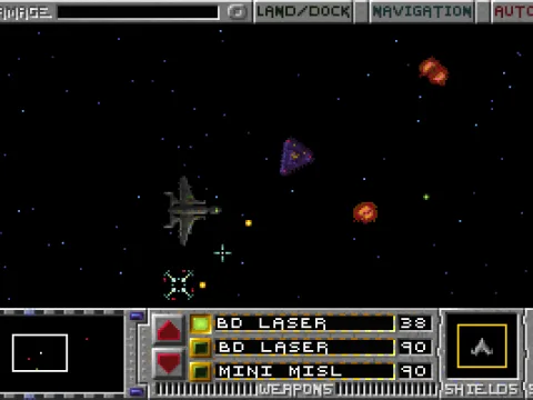 The ship (centered and blue) is under attack by a whole swarm of opponents.