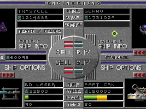 The Ship Editing screen, where you can buy new abilities and stronger ships.
