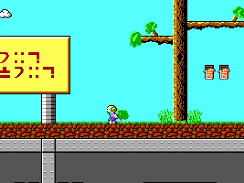 Outside near a tree and a sign.