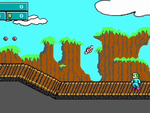 Keen in his bunny slippers hopping around the first level of Tuberia (EGA)