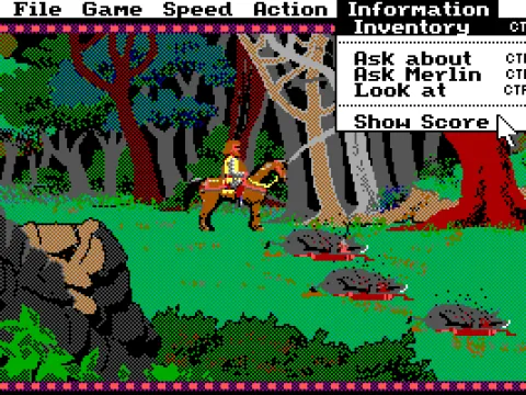 Riding through an English forest. You see some corpses... you are so astonished that you open the menu!