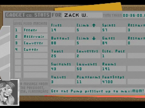 The clipboard shows Zack's progress through the eight levels.