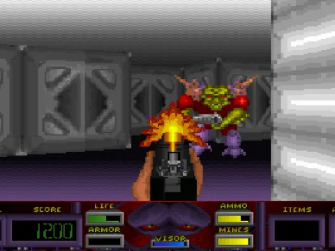 Futuristic Wolfenstein 3-D clone meets Gremlins.  In another place, this guy might have been watching TV and complaining about