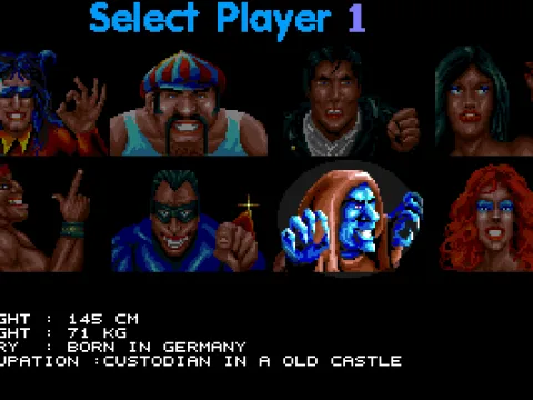 Character selection screen.  Note the biographical information.