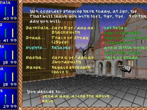 At the local inn you can train various abilities, heal wounds, work to pay the rent, or just relax.