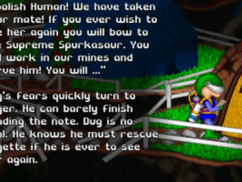 Intro scene (Dug reads the note, with his eyes covered, he is definitely the man!)