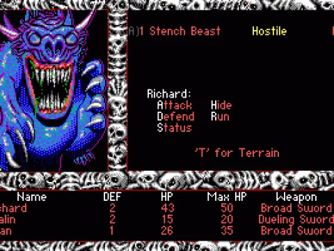 Combat with a stench beast. Note that you have Stalin and Genghis Khan in your party.