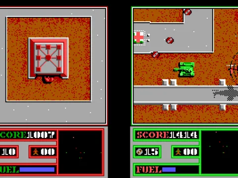Dirty tactics. The Green tank drops landmines in front of Red's hospital :-> (EGA)