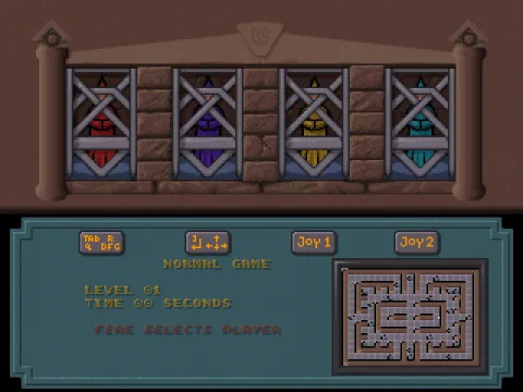 The start of a game in Normal mode. There are four control options, two keyboard and two joypad/stick, pressing the FIRE button on any one will open a gate and start the game