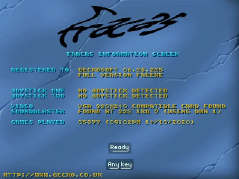 When the game loads it detects and displays the system characteristics. The game was released as shareware. It was, as this screen states, later made freeware by the developers