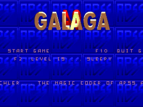 The title screen shows revolves showing GALAGA on one side and 95 on the other<br>The ribbon of text across the bottom thanks all players who sent in bug reports for version 1