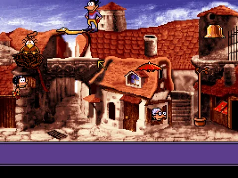 Character interaction: The snake Fulbert forms a bridge, allowing Blount to cross to the other roof.