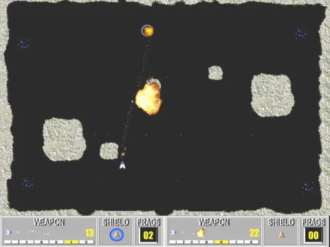 Head-to-head on a level with moving asteroids; note the screen brightening seen with explosions.