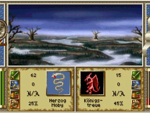 The battle screen. Armies are represented by the red bars. The landscape has an influence on the defender's strenght.