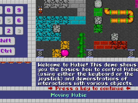 A sequence of Hubie instructions, both with text descriptions and actions showing the effects.