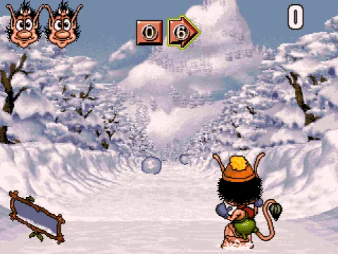 Hugo rides downhill on his snowboard, avoiding big snowballs rolling from either side to block his way. The mirror on the lower left shows the progress of the avalanche.