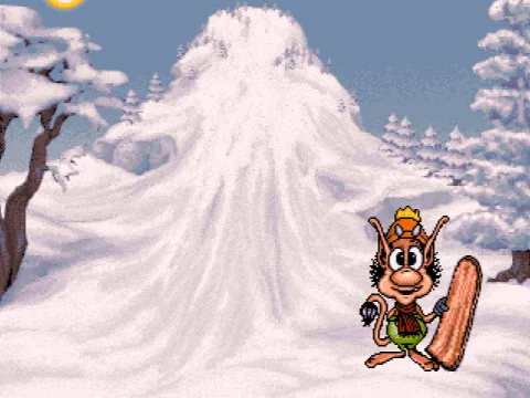 The Snowboard minigame; Hugo is enjoying a fine day in the nature with his snowboard, when the witch releases an avalanche.