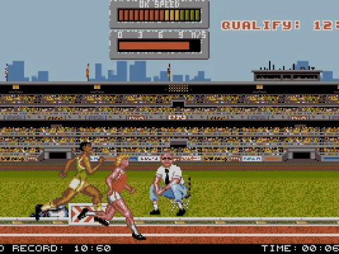 100 Metres. You adjust the red bar on the top of the screen to determine the athlete's speed.