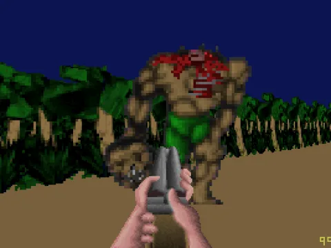 Armed with a shotgun, facing off against a zombie.