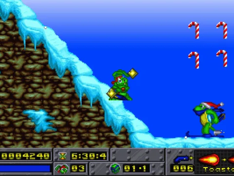 A turtle skiing is wearing Santa's hat