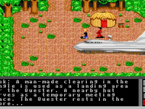 The landing site in the top-down game graphic.