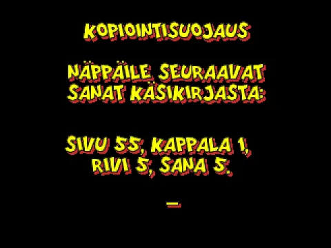 The game asks you to enter a word from the manual for a copyright protection (Finnish)