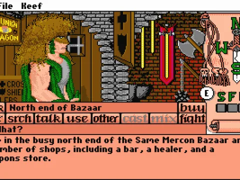 At Mercon Bazaar (North) you can buy weapons and armor, thieving equipment or visit the local healer.