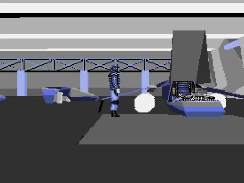 Entering the vehicle in the hangar.