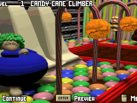 First game level. Maybe it's me, but the 3D lemmings look rather ugly.