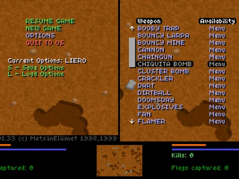 Liero has a delightfully broad weapons selection; only about a third is shown here