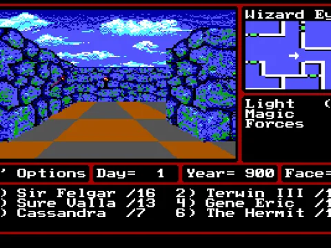 The game begins in the town of Middlegate. All the five towns in the game look like this one. Notice the Wizard Eye spell at work