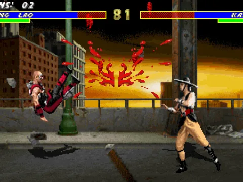 Kano's blood spills everywhere after taking a hit from Kung Lao