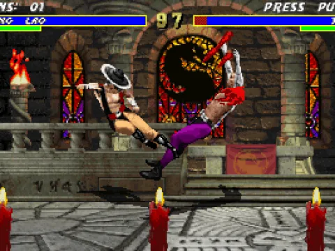 Kung Lao performs his diagonal kick on Jax