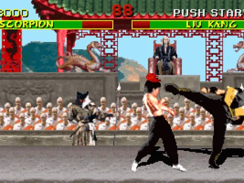 Liu Kang vs Scorpion in the courtyard