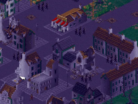 Operation Overlord: Pegasus Bridge<br>In the town the defenders have no idea that they will shortly be under attack. The crossed swords means that there's of-screen fighting in that direction