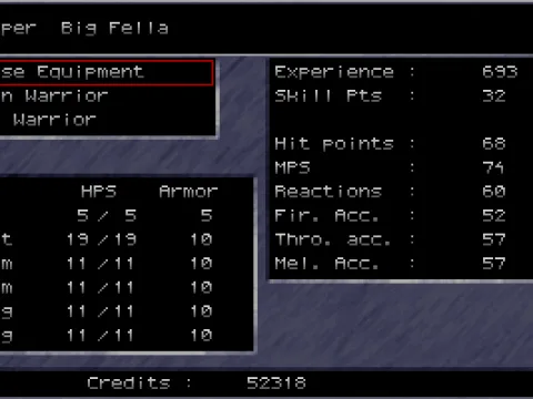 Trooper equipment screen. If a warrior has experience points they can be used to update stats.
