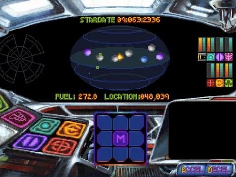 2) On arrival in the sector, pick a planet. Spaceships (the green squares) may try to intercept you.