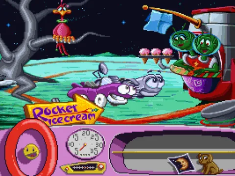 This two-headed alien offers Putt-Putt the rocketship in exchange for 10 crystals.